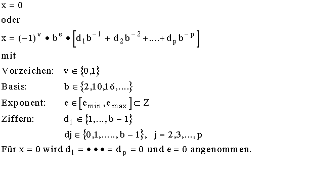 \[x= \left \{begin{array} 0 oder \\ (-1)^v*b^e*[d_1 b^1+d_2 b^-2+ ... + d_p b^-p]
mit Vorzeichen: v \in {0,1}, Basis b \in {2, 10, 16, ...}, Exponent: e \in [e_min, e_max] \in Z
Ziffern: d_1 \in {1,..., b-1}, d_j \in {0,1,..., b-1}, j=2, 3, ..., p \]