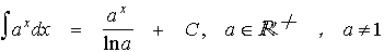 $\matrix \int a^x & dx & = & \frac{a^x}{\ln a} & \matrix +C & ,\matrix a\in R^{+}, & a\neq 1\endmatrix \endmatrix \endmatrix $