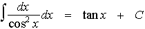 $\matrix \int \frac{dx}{\cos ^2x} & dx & = & \tan \left( x\right)  & +C\endmatrix $