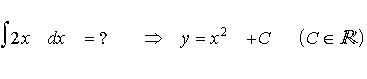 $\matrix \int 2x & dx & =? & \Rightarrow  & y=x^2+C & \left( C\in R\right) \endmatrix $
