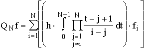 $Q_nf=\sum\limits_{i=1}^N\left[ \left( h\cdot\int\limits_0^{N-1}\prod\limits\Sb j=1 \\ j\neq i\endSb^N\frac{t-j+1}{i-j}dt\right) \cdot f_i\right] $