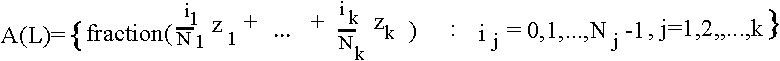 $ A(L) = ({\rem fraction} ( \frac{i_1}{N_1}z_1 + ... + \frac{i_k}{N_k}z_k ) : i_j = 0,1,...,N_j-1, j = 1,2,...,k ) $
