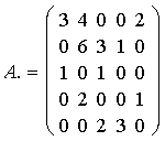  $A.=\left( \matrix 3 & 4 & 0 & 0 & 2 \\ 0 & 6 & 3 & 1 & 0 \\ 1 & 0 & 1 & 0 & 0 \\ 0 & 2 & 0 & 0 & 1 \\ 0 & 0 & 2 & 3 & 0\endmatrix \right) $ 