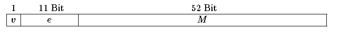 \hspace*{2cm}
\begin{tabular}{|c|c|c|}
      \multicolumn{1}{c}{1} &
      \multicolumn{1}{c}{~~~~11 Bit~~~~} &
      \multicolumn{1}{c}{~~~~~~~~~~~~~~~~~~~~~~~~~~~~~~~~~~52 Bit~~~~~~~~~~~~~~~~~~~~~~~~~~~~~~~~~~} \\
      \hline
      $v$ & $e$ & $M$ \\
      \hline
\end{tabular}\smallskip
